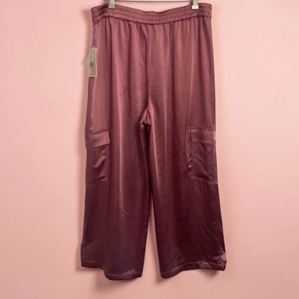 NWT Michael Michael Kors Dusty Rose‎ Satin Wide Leg Cargo Pants Women's L Large